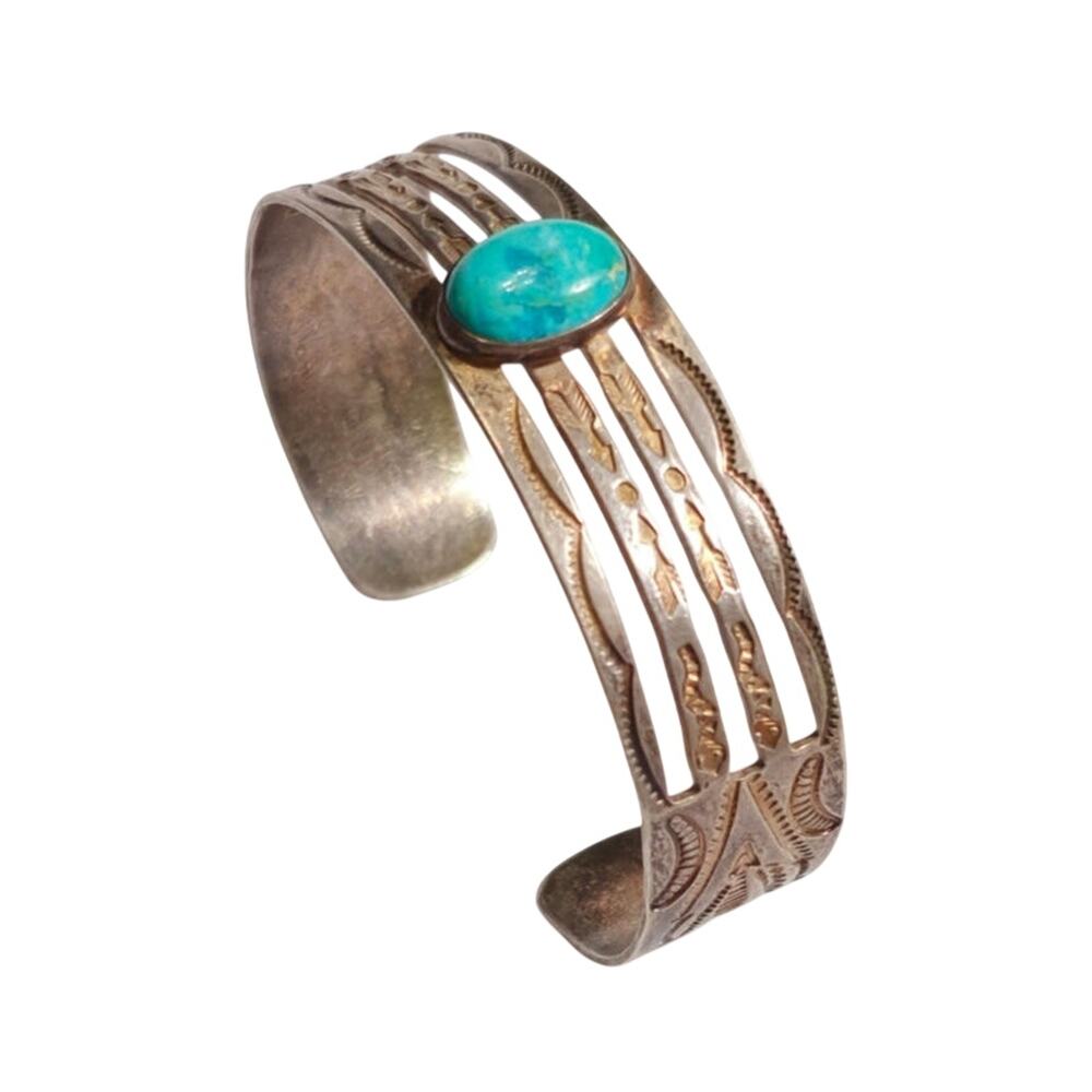 Vintage Fred Harvey Era Sterling Turquoise Split Shank Stamp Work Cuff Bracelet